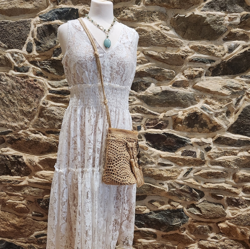 Maison Tara Boho White Lace Layered Summer Maxi Dress
